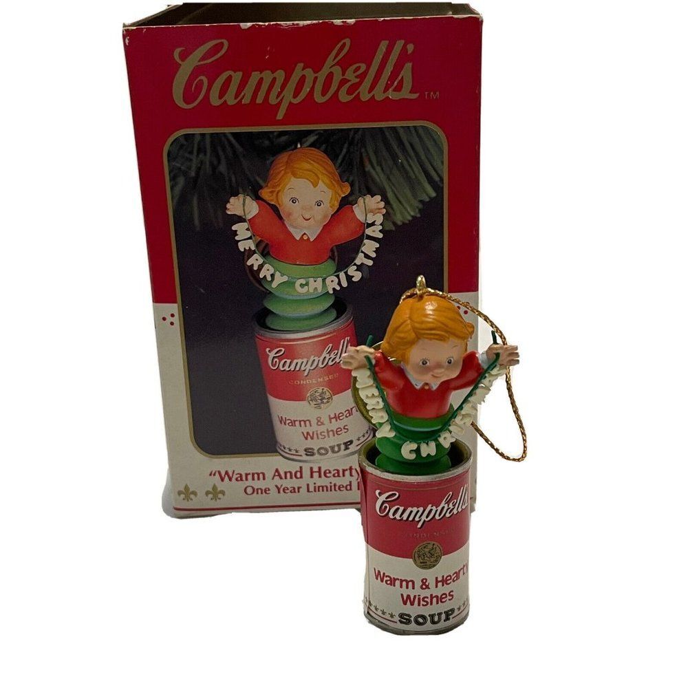 VTG 93 Enesco Campbells Kids Christmas Ornament Soup Can Warm & Hearty Wishes
